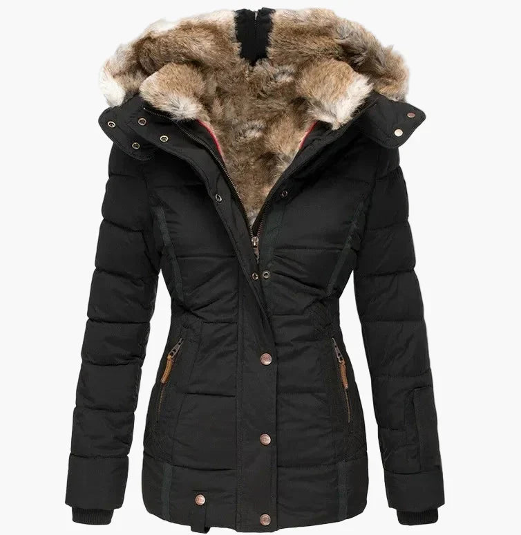 EB | Winter Steppjacke mit Kapuze und Kunstfell - Modische Figurbetonung, Ideal für Kalte Tage