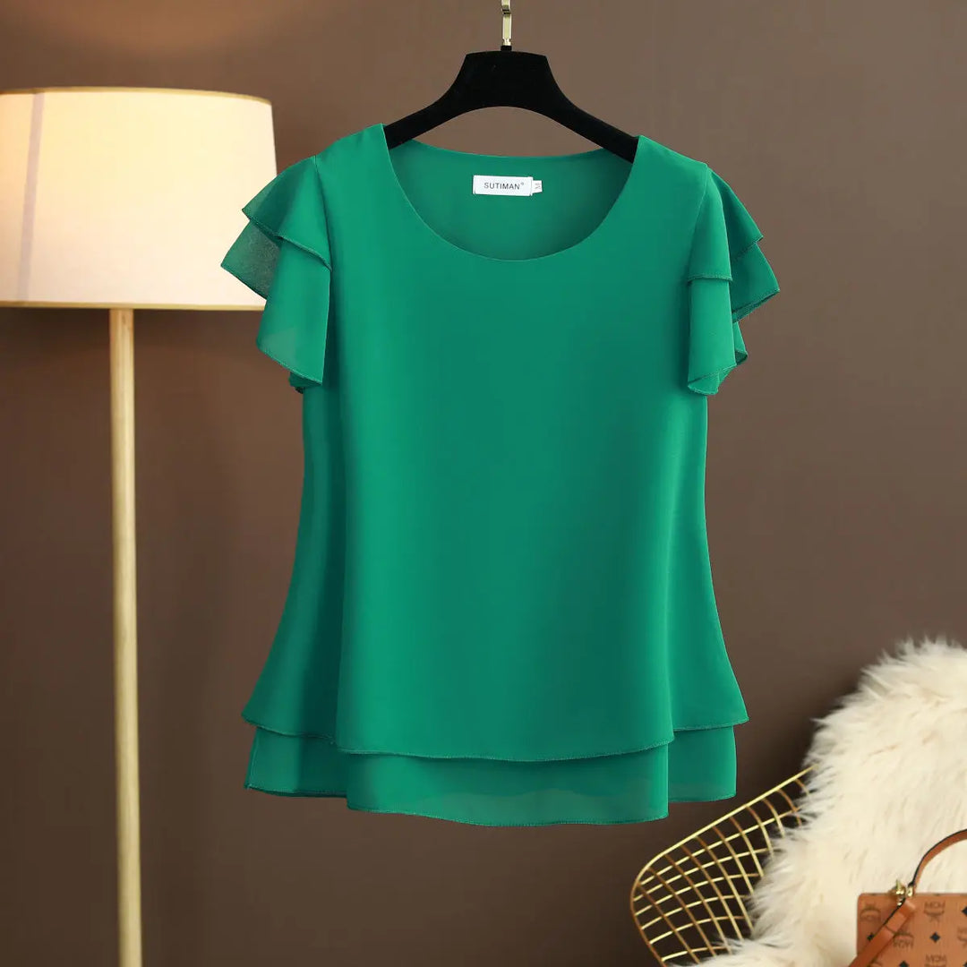 EB | Chiffon Bluse mit O-Ausschnitt und Kurzen Ärmeln