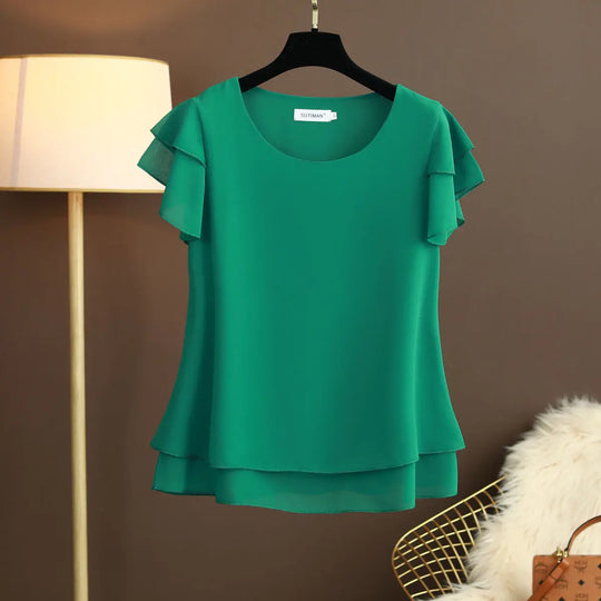 EB | Chiffon Bluse mit O-Ausschnitt und Kurzen Ärmeln