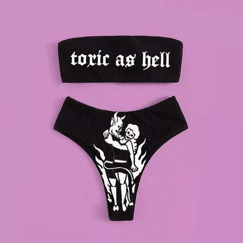 EB | Sexy Goth Bikini Frauen Buchstaben Totenkopf Druck Badeanzug Split Badeanzug Hohe Taille Gotische Bikini Set Strandoutfits