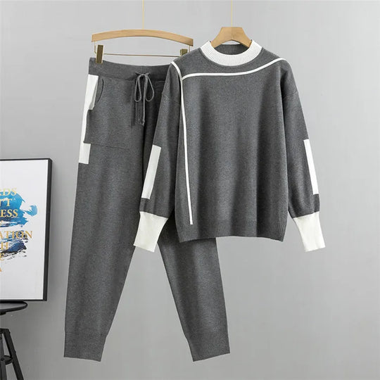 EB - Lässiges Herbst Strick Patchwork Oberteil und Hosen Set für Frauen