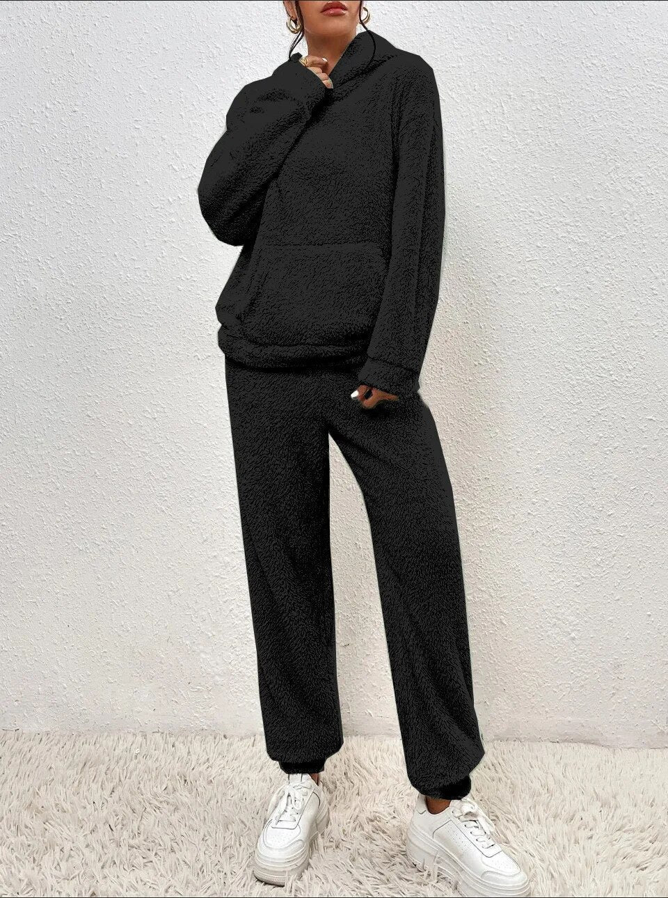 EB | Weiche Teddyjacke Damen Loungewear Satz mit Kapuze