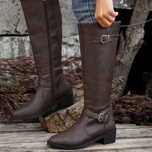 EB | Hohe Reitstiefel mit Schnallenriemen und Niedrigem Absatz für Frauen
