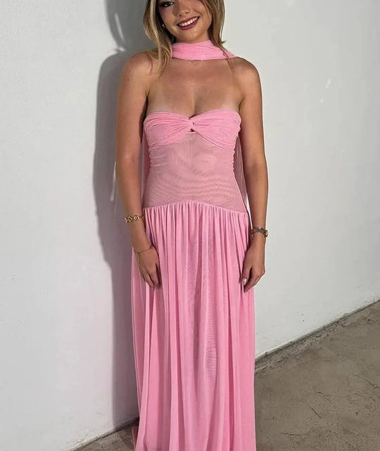 EB | Patchwork Maxi Kleid Schal Rückenfrei Strapless Rüschen Bankett