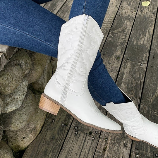 EB | Retro-Western-Cowboystiefel mit Seitlichem Reißverschluss Mittlerem Schaft Fluoreszierende Spitze Zehen