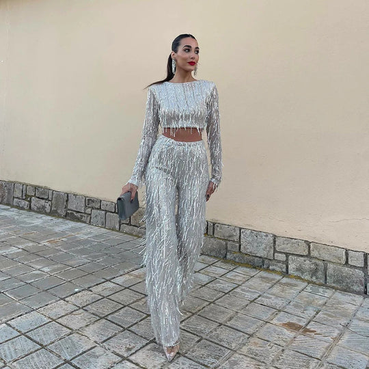 EB | Quaste Pailletten Frauen 2 Teilig Set Herbst Silber Licht Seide O-Ausschnitt Crop Tops Breite Bein Hosen Damen Anzug Mode Straße Damen Set