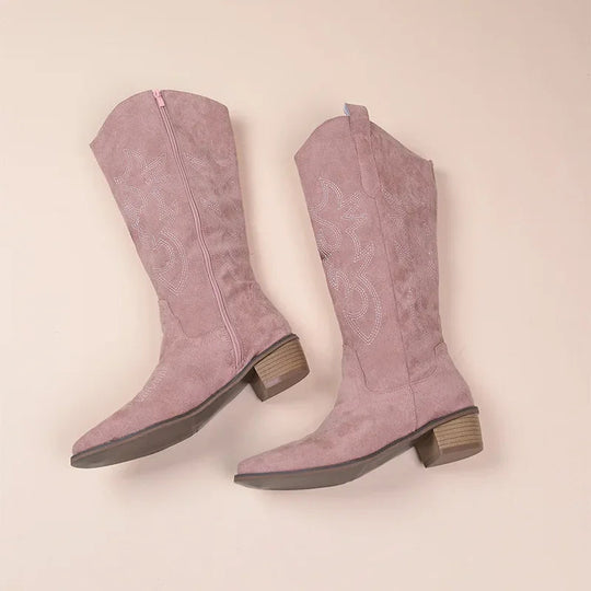 EB | Cowboy-Stiefel – Wildleder-Textur – Bestickter Western-Stil – Halb Hoch – Niedriger Absatz