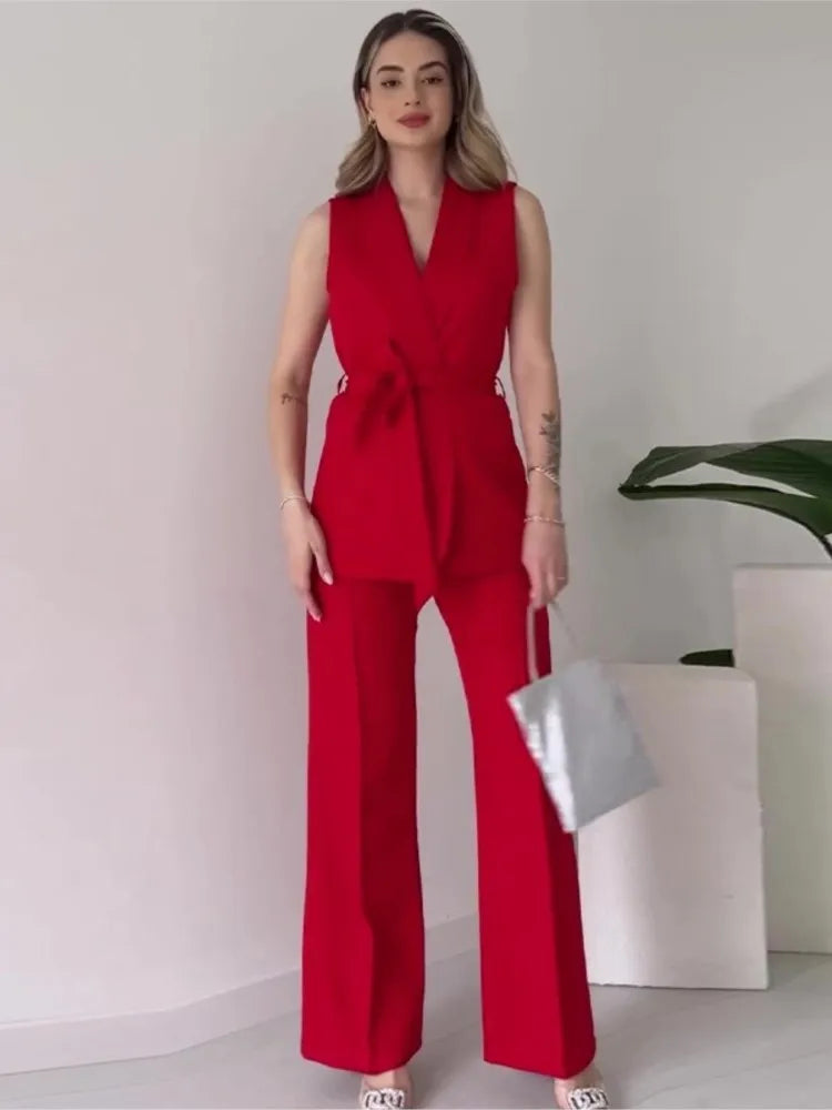 EB | Ärmelloser Blazer-Anzug Taillierte Passform Wickel-V-Ausschnitt Weite Hose