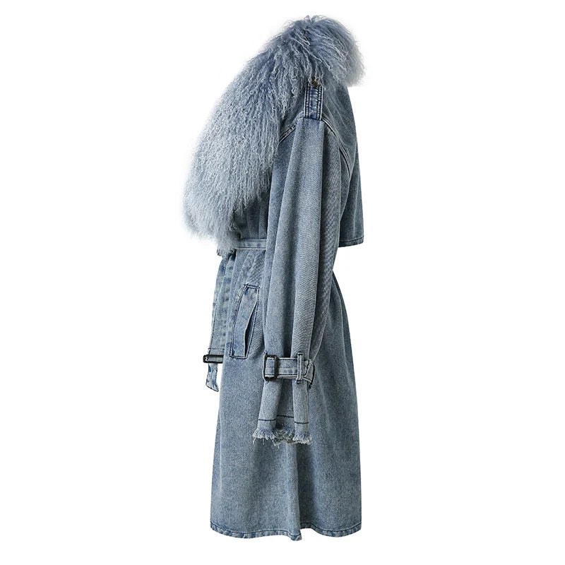 EB | Lange Denimjacke mit Kunstfell Baumwollmix Modern und Elegant