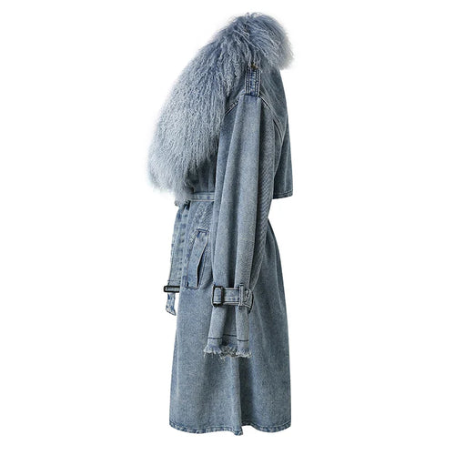 EB | Lange Denimjacke mit Kunstfell Baumwollmix Modern und Elegant