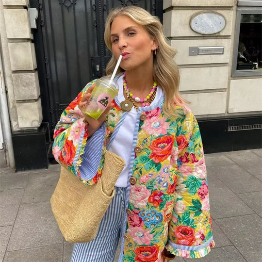 EB | Sprudelnde Jacke mit Blumenmuster Mehrfarben Baumwolle Mutig und Trendy