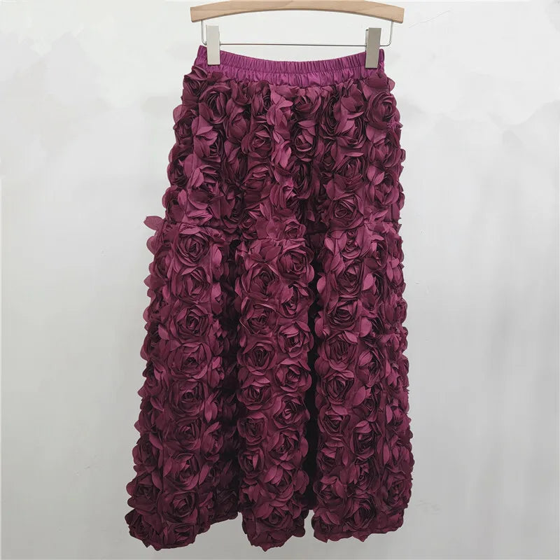 EB | Herbst Neu Vielseitig Drei Dimensional Blumen Mittlere Falten Rock Hohe Taille Große Schwung Mode A-Linie Röcke Frauen