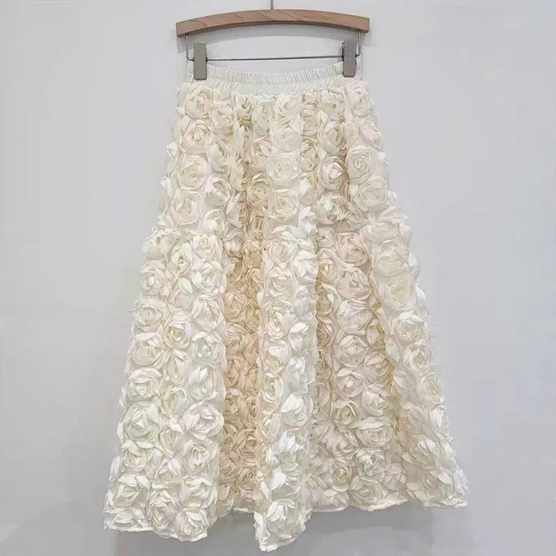 EB | Herbst Neu Vielseitig Drei Dimensional Blumen Mittlere Falten Rock Hohe Taille Große Schwung Mode A-Linie Röcke Frauen