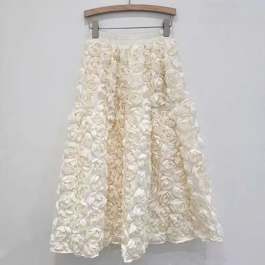 EB | Herbst Neu Vielseitig Drei Dimensional Blumen Mittlere Falten Rock Hohe Taille Große Schwung Mode A-Linie Röcke Frauen