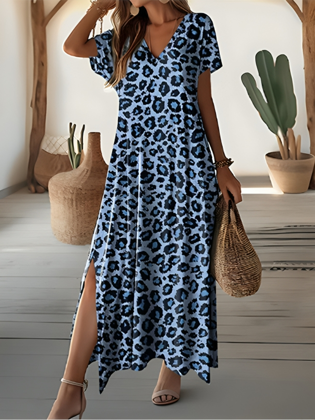 EB | Stylisches Leopardenmuster Kurzarm V-Ausschnitt Maxikleid