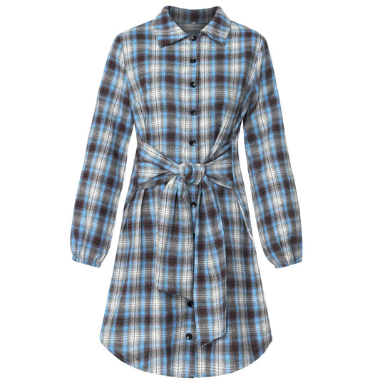 Kariertes Hemdkleid mit Gürtel und Knopfdetails
