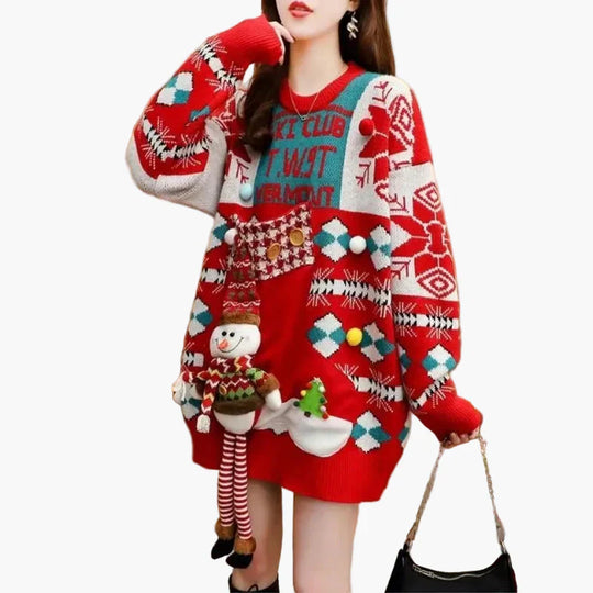 EB | Weihnachtspullover Ugly Christmas Sweater mit 3D Schneemann und Wintermotiv - Lustiger Feiertagspullover für Partys