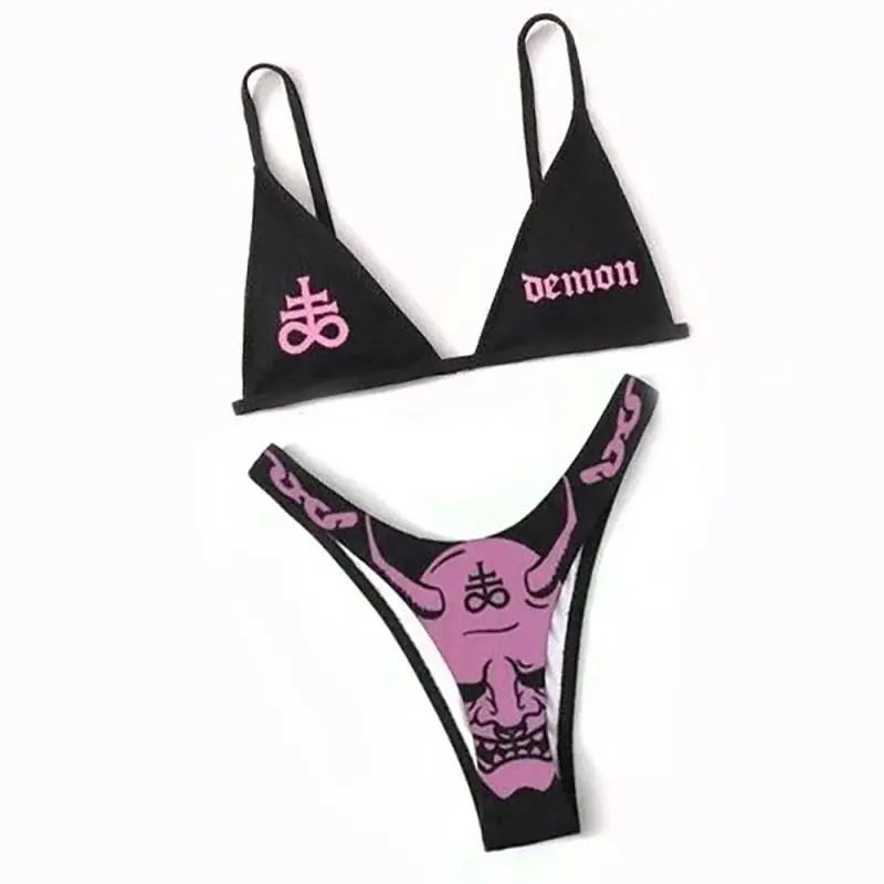 EB | Sexy Goth Bikini Frauen Buchstaben Totenkopf Druck Badeanzug Split Badeanzug Hohe Taille Gotische Bikini Set Strandoutfits