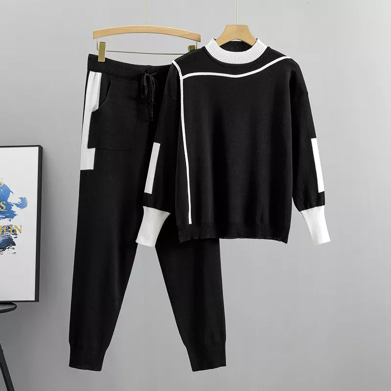 EB - Lässiges Herbst Strick Patchwork Oberteil und Hosen Set für Frauen