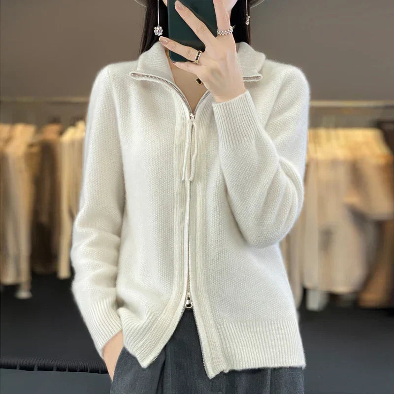 EB | Woll Cardigan Doppelter Reißverschluss und Hoher Kragen Weich und Elegant