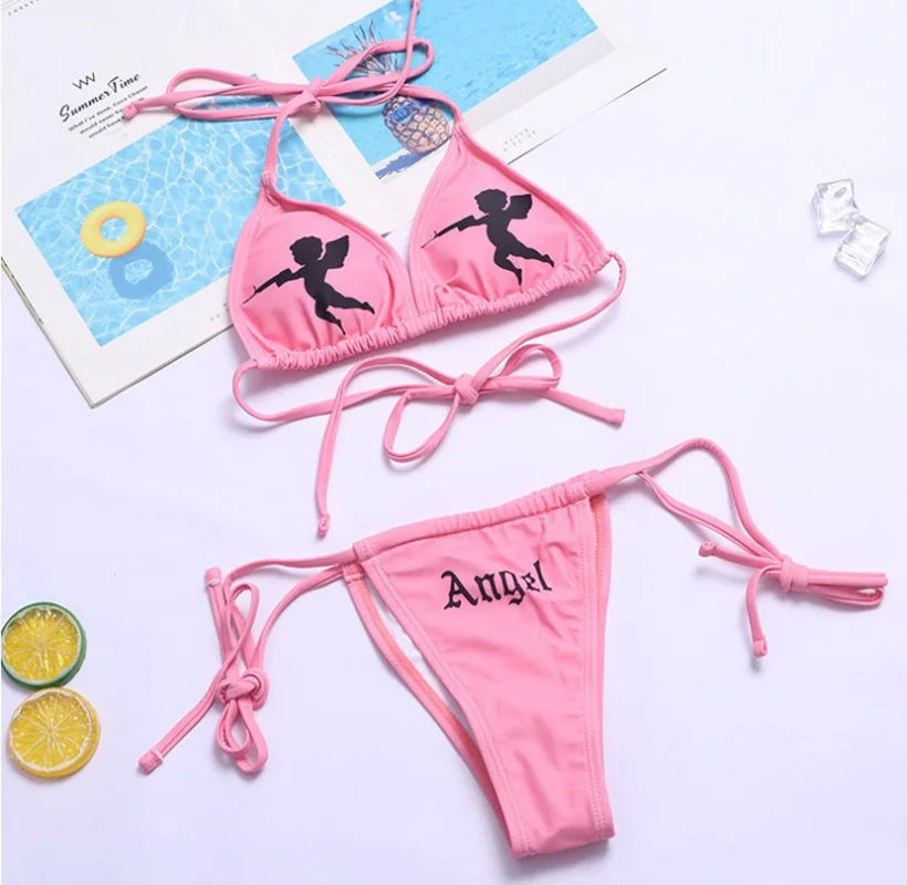 EB | Sexy Goth Bikini Frauen Buchstaben Totenkopf Druck Badeanzug Split Badeanzug Hohe Taille Gotische Bikini Set Strandoutfits