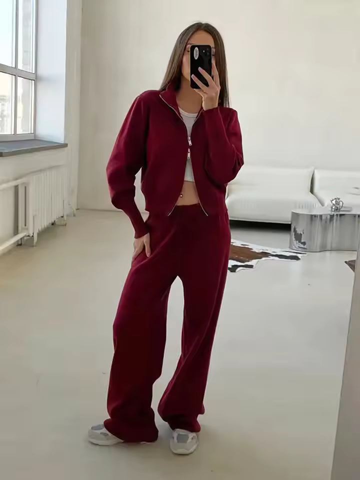 EB | Damen 2 Teiliges Loungewear Satz mit Reißverschlussjacke und Weitem Hosen