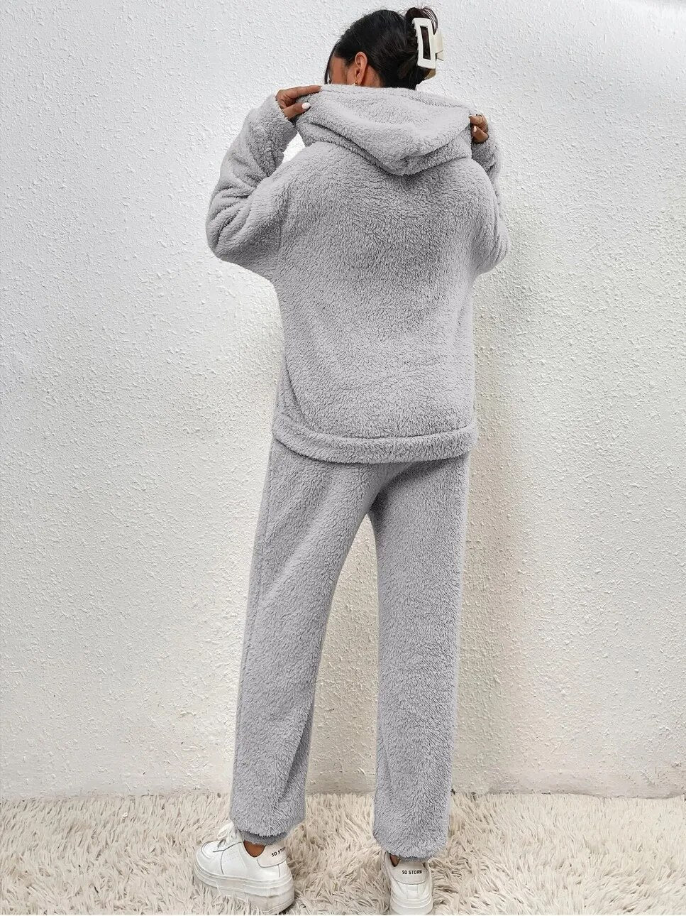 EB | Weiche Teddyjacke Damen Loungewear Satz mit Kapuze