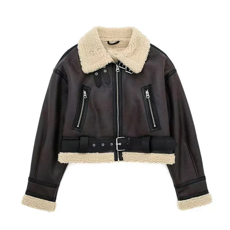 EB | Lammfelljacke - Kurzes Modell - Oversized Fit - Warme Wollfutter - Reißverschluss schließen