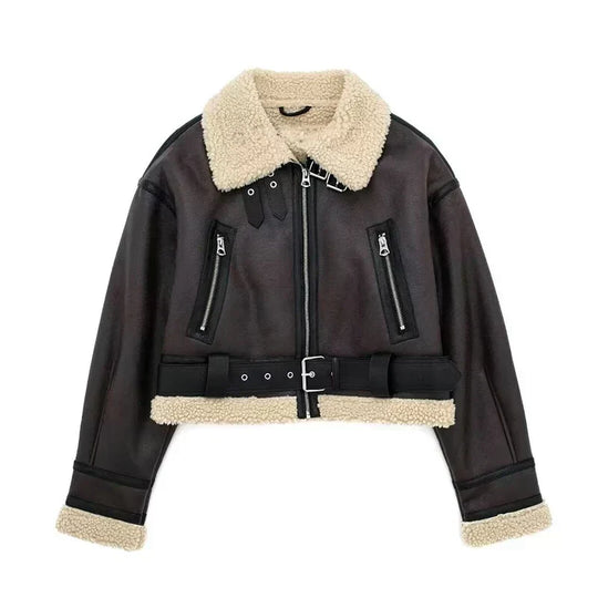 EB | Lammfelljacke - Kurzes Modell - Oversized Fit - Warme Wollfutter - Reißverschluss schließen