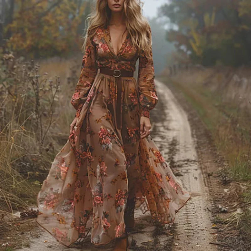 Boho Damen Maxikleid mit Niedrigem V-Ausschnitt und Langarm | EB