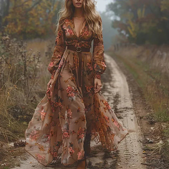 Boho Damen Maxikleid mit Niedrigem V-Ausschnitt und Langarm | EB