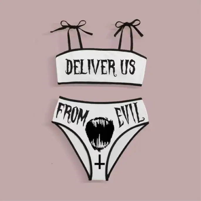 EB | Sexy Goth Bikini Frauen Buchstaben Totenkopf Druck Badeanzug Split Badeanzug Hohe Taille Gotische Bikini Set Strandoutfits