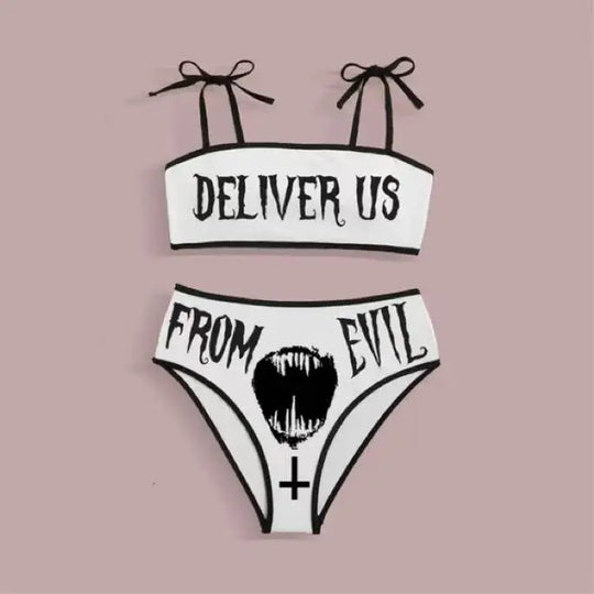 EB | Sexy Goth Bikini Frauen Buchstaben Totenkopf Druck Badeanzug Split Badeanzug Hohe Taille Gotische Bikini Set Strandoutfits