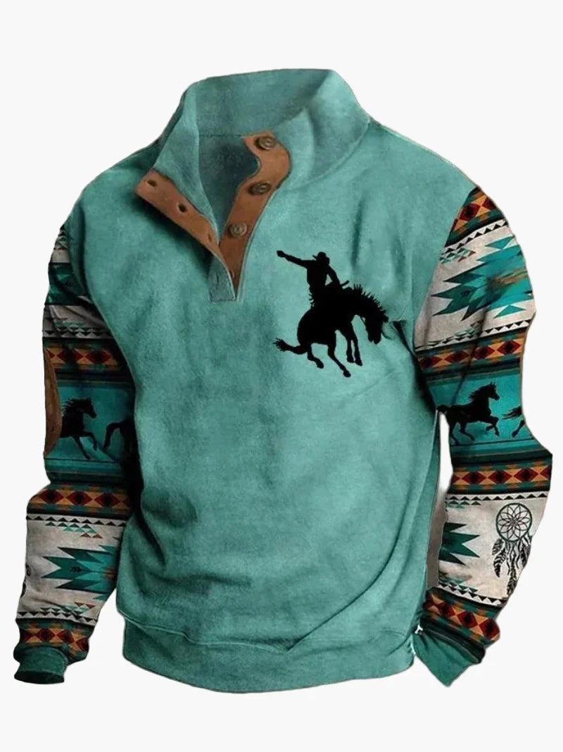 EB | Retro Cowboy Sweatshirt mit Digitaldruck und Stehkragen - Western Casual Pullover für Outdoor und Freizeit
