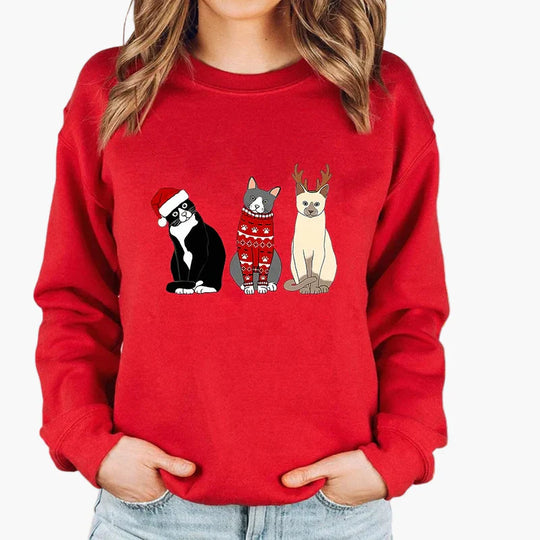 EB | Weihnachtspullover mit Katze und Lichterkette - Lustiger Winter-Sweater für Katzenliebhaber