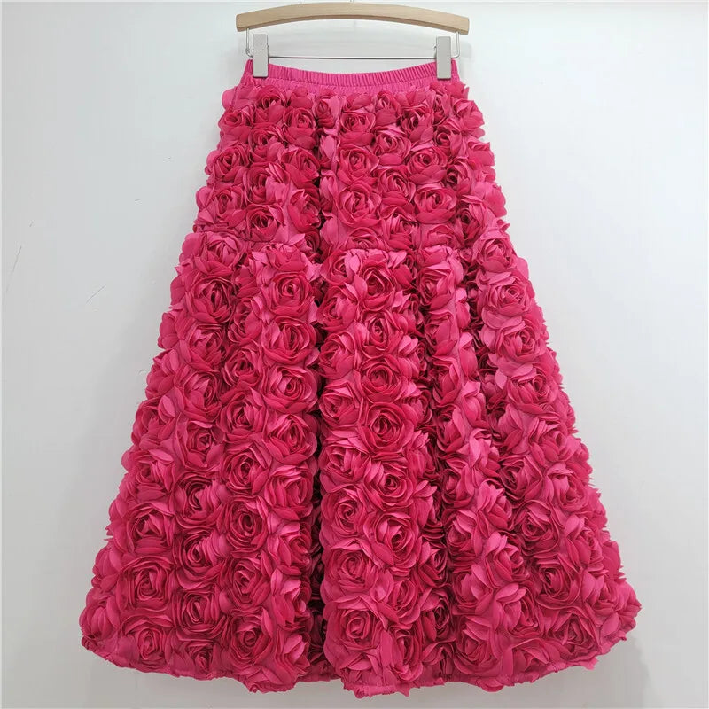 EB | Herbst Neu Vielseitig Drei Dimensional Blumen Mittlere Falten Rock Hohe Taille Große Schwung Mode A-Linie Röcke Frauen