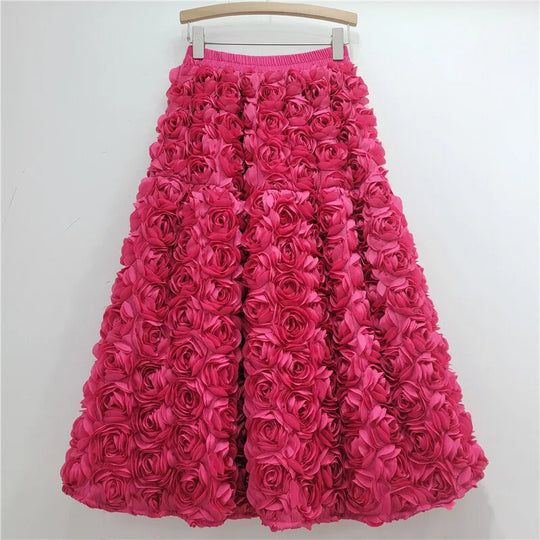 EB | Herbst Neu Vielseitig Drei Dimensional Blumen Mittlere Falten Rock Hohe Taille Große Schwung Mode A-Linie Röcke Frauen