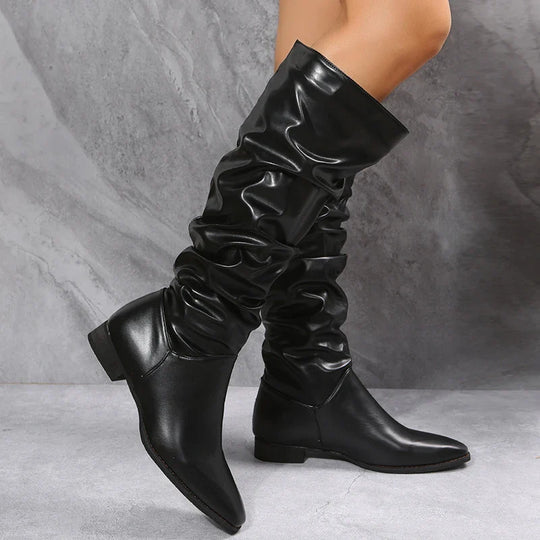 EB | Knielange Punk-Stil Falten Pu-Leder Stiefel