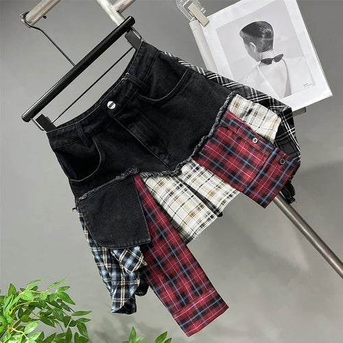 EB | Jahrgang Unregelmäßig Patchwork Kariert Röcke Denim Kurz für Frauen Hohe Taille Eingewickelt Hüfte Mini Rock Sommer Weiblich