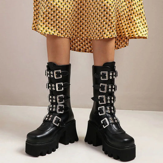 EB | Gothic Schuhe Frauen Schwarz Hochstiefel Weiblich Hohe Absatz Frauen Combat Punk Chunky Dame