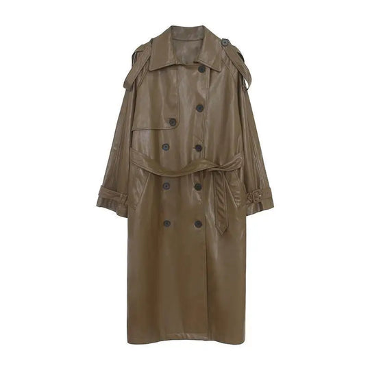 EB | Langer Trenchcoat für Frauen Lederlook Stilvoll und Modern