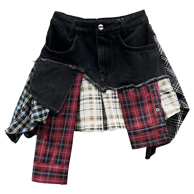 EB | Jahrgang Unregelmäßig Patchwork Kariert Röcke Denim Kurz für Frauen Hohe Taille Eingewickelt Hüfte Mini Rock Sommer Weiblich