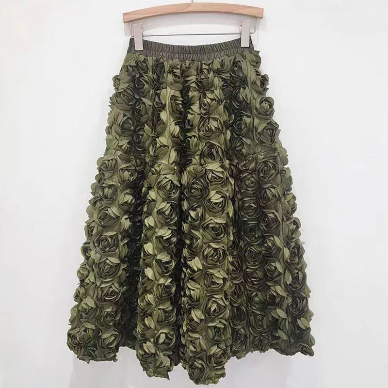EB | Herbst Neu Vielseitig Drei Dimensional Blumen Mittlere Falten Rock Hohe Taille Große Schwung Mode A-Linie Röcke Frauen