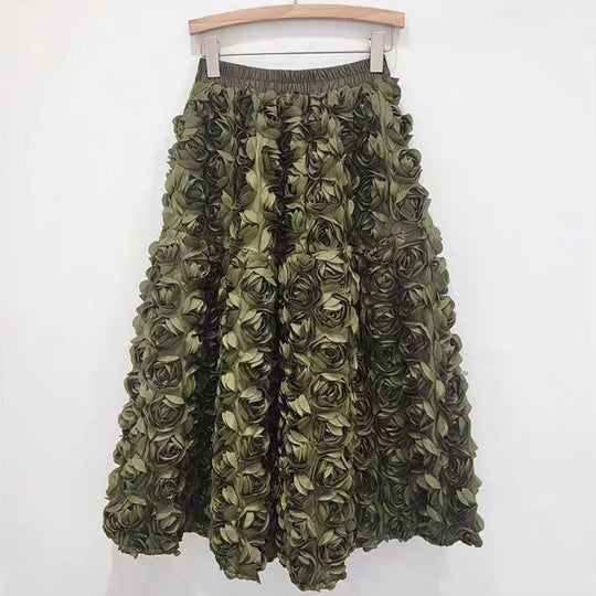 EB | Herbst Neu Vielseitig Drei Dimensional Blumen Mittlere Falten Rock Hohe Taille Große Schwung Mode A-Linie Röcke Frauen