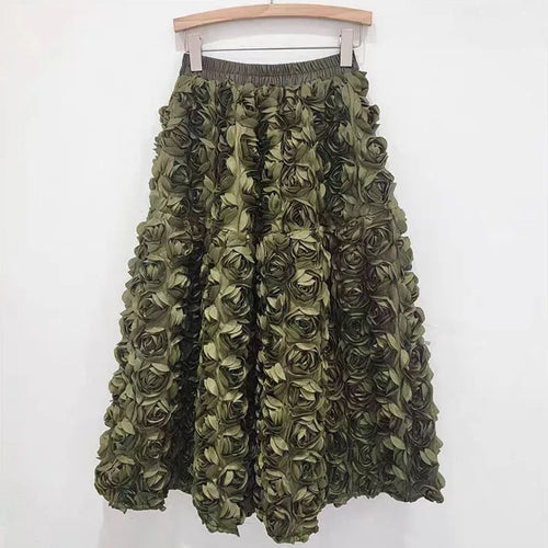 EB | Herbst Neu Vielseitig Drei Dimensional Blumen Mittlere Falten Rock Hohe Taille Große Schwung Mode A-Linie Röcke Frauen