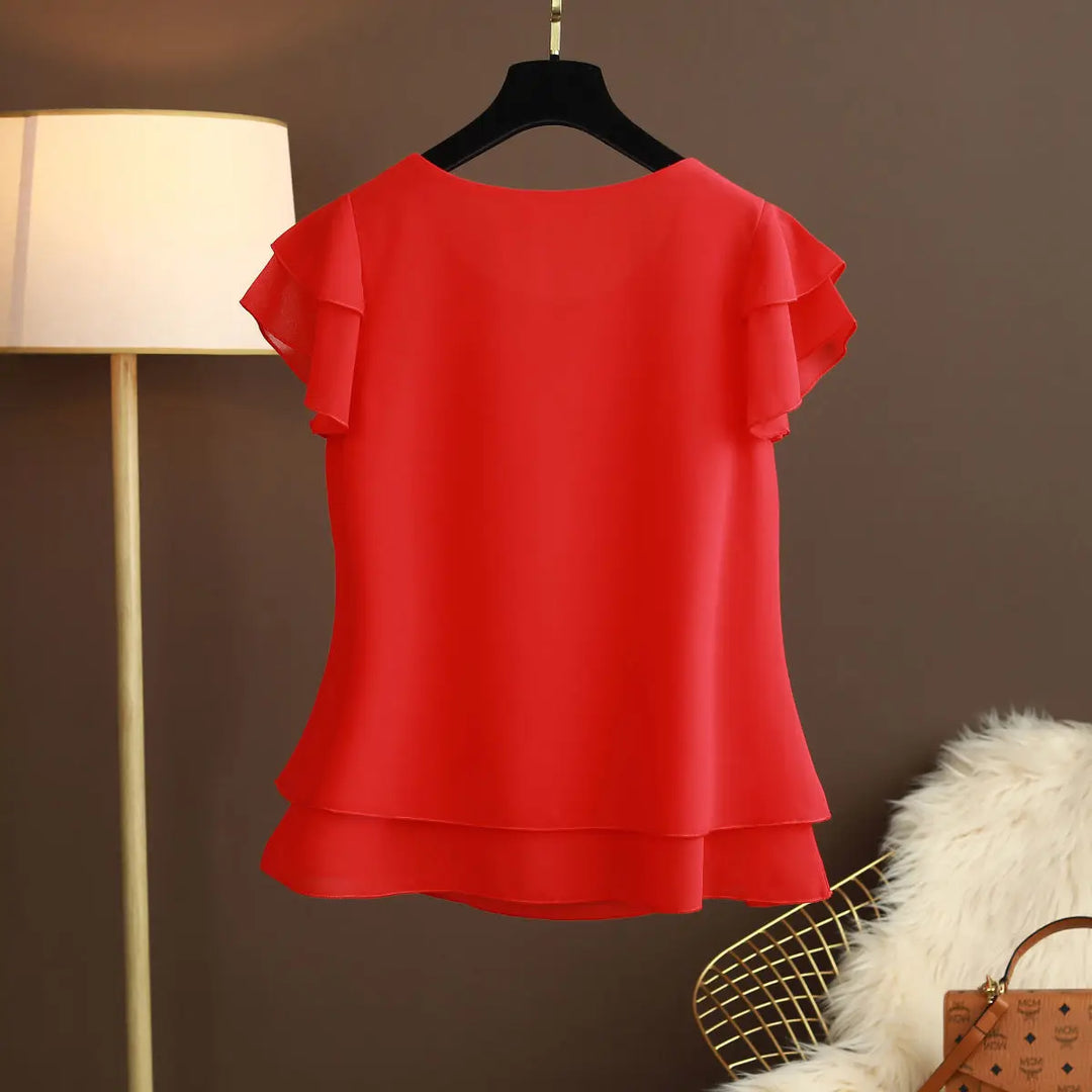 EB | Chiffon Bluse mit O-Ausschnitt und Kurzen Ärmeln