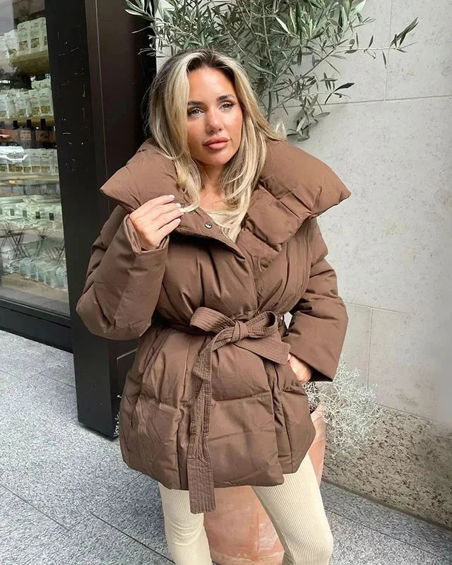 EB | jack mit Gürtel für Damen - warmer brauner Jacke mit oversized Kragen