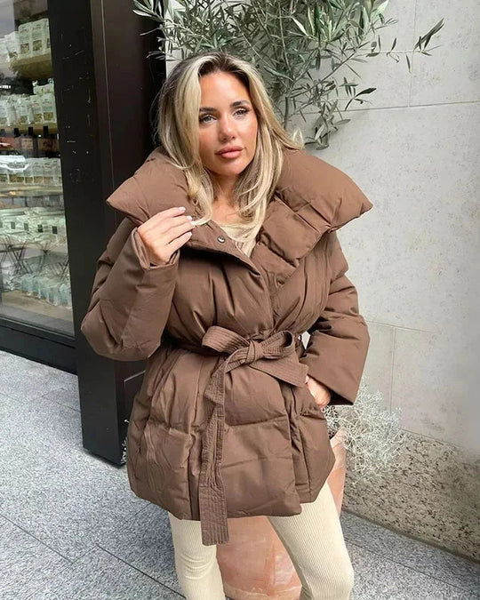 EB | jack mit Gürtel für Damen - warmer brauner Jacke mit oversized Kragen