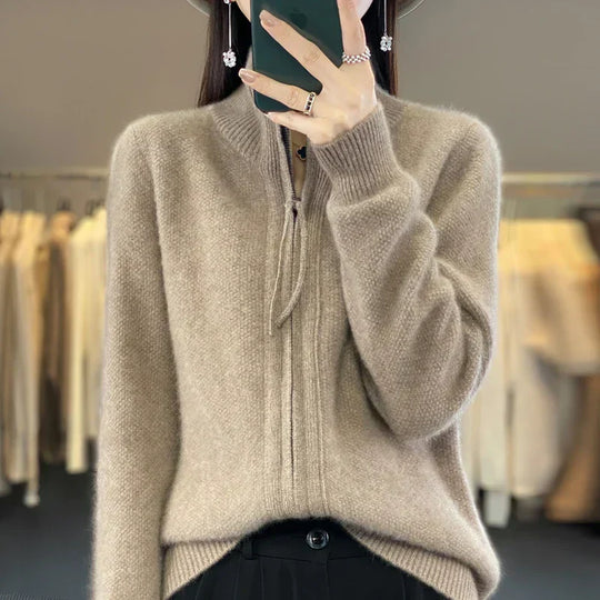 EB | Woll Cardigan Doppelter Reißverschluss und Hoher Kragen Weich und Elegant