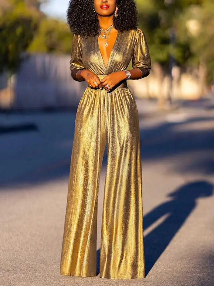 EB Damen Jumpsuit mit V-Ausschnitt und Metallic-Optik
